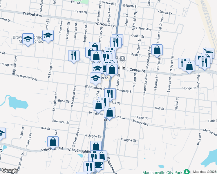 map of restaurants, bars, coffee shops, grocery stores, and more near 149 South Main Street in Madisonville