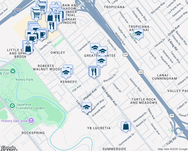 map of restaurants, bars, coffee shops, grocery stores, and more near 1702 Mc Laughlin Ave in San Jose