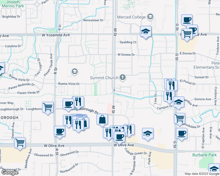 map of restaurants, bars, coffee shops, grocery stores, and more near 3367 M Street in Merced