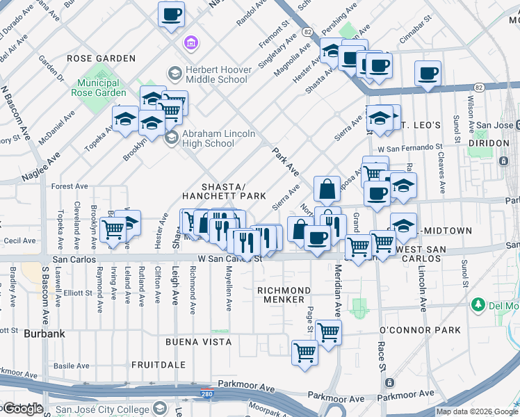 map of restaurants, bars, coffee shops, grocery stores, and more near 1558 Martin Avenue in San Jose