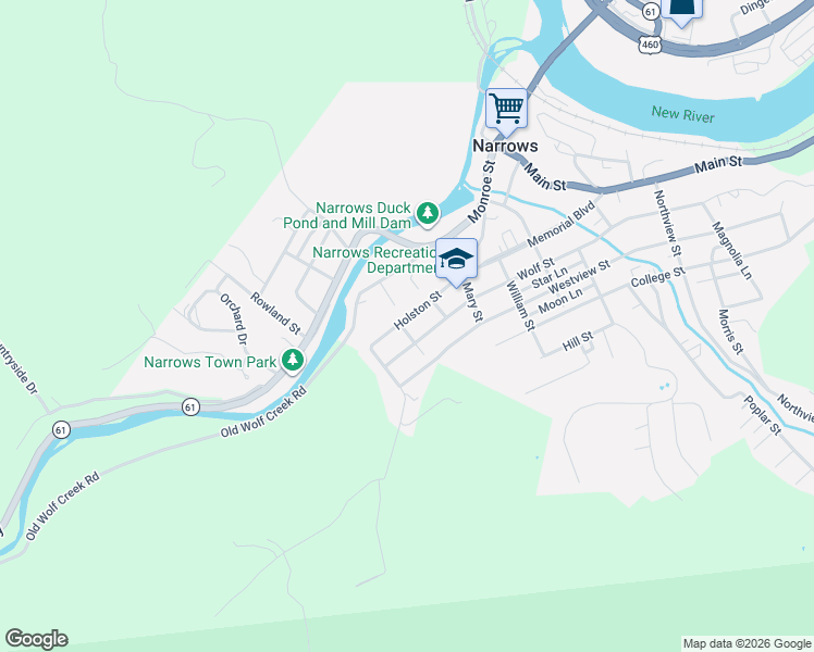 map of restaurants, bars, coffee shops, grocery stores, and more near 203-299 Holston Street in Narrows