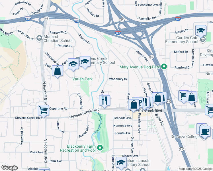 map of restaurants, bars, coffee shops, grocery stores, and more near 10170 Phar Lap Drive in Cupertino