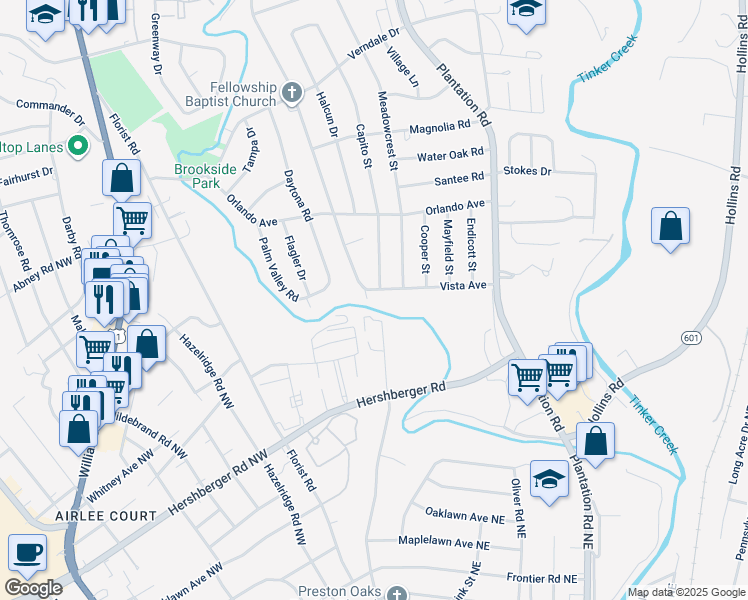 map of restaurants, bars, coffee shops, grocery stores, and more near 303 Vista Ave in Roanoke