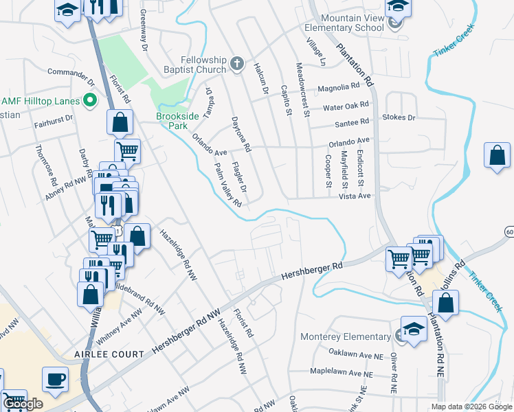 map of restaurants, bars, coffee shops, grocery stores, and more near 5323 Daytona Road in Hollins