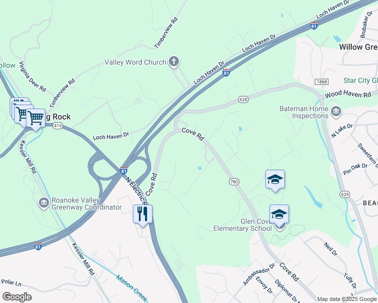 map of restaurants, bars, coffee shops, grocery stores, and more near Grand Retreat Drive in Roanoke