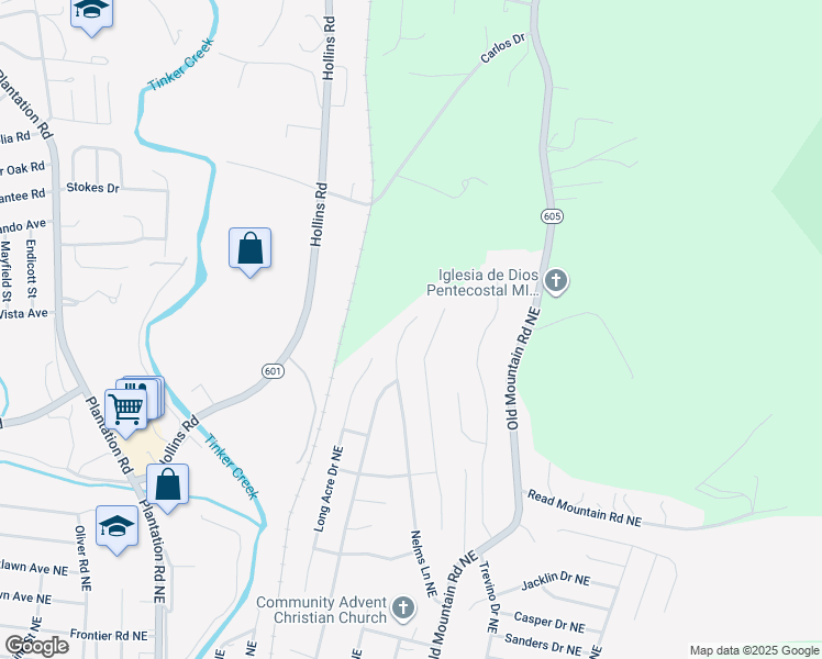 map of restaurants, bars, coffee shops, grocery stores, and more near 4849 Nelms Lane Northeast in Roanoke