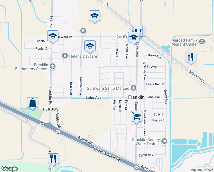 map of restaurants, bars, coffee shops, grocery stores, and more near 2597 Roselle Drive in Merced