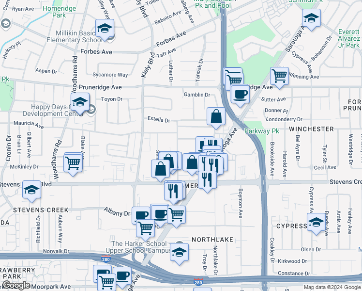 map of restaurants, bars, coffee shops, grocery stores, and more near 18 Buckingham Drive in Santa Clara