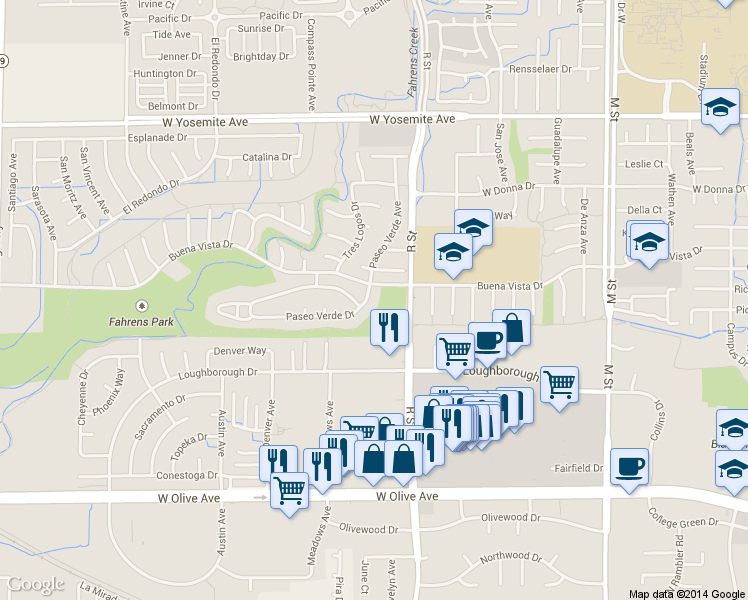 map of restaurants, bars, coffee shops, grocery stores, and more near 1120 Paseo Verde Drive in Merced