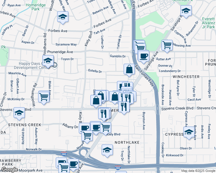 map of restaurants, bars, coffee shops, grocery stores, and more near in Santa Clara
