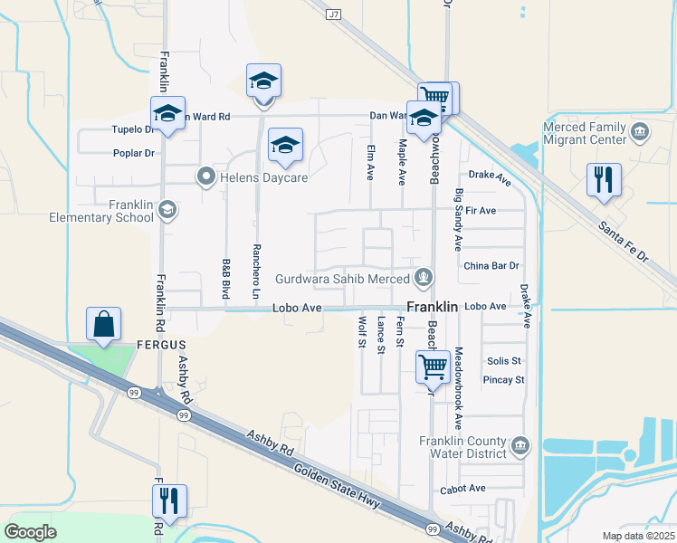 map of restaurants, bars, coffee shops, grocery stores, and more near 2597 Roselle Drive in Merced