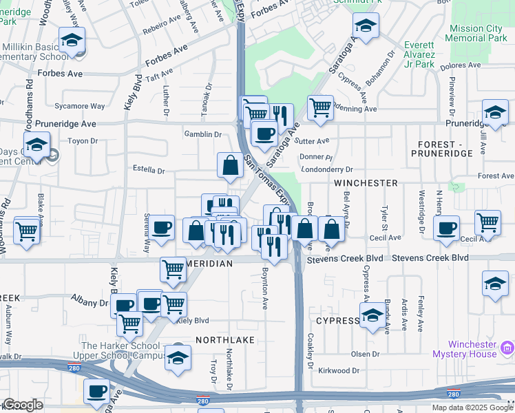 map of restaurants, bars, coffee shops, grocery stores, and more near 111 Saratoga Avenue in Santa Clara