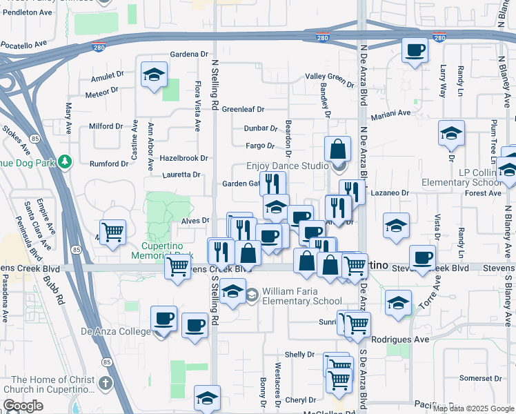 map of restaurants, bars, coffee shops, grocery stores, and more near 20832 Elenda Drive in Cupertino