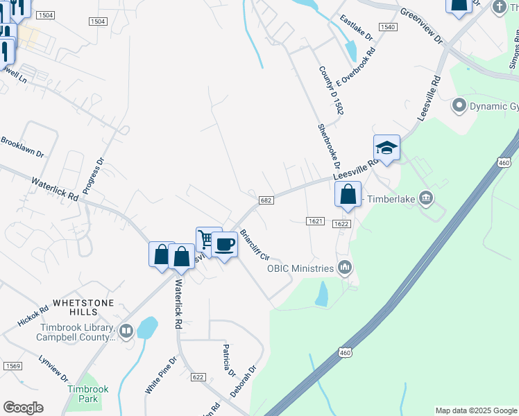 map of restaurants, bars, coffee shops, grocery stores, and more near 19537 Leesville Road in Lynchburg