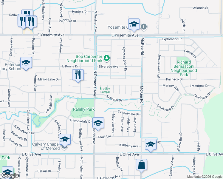 map of restaurants, bars, coffee shops, grocery stores, and more near 3361 Canterbury Court in Merced
