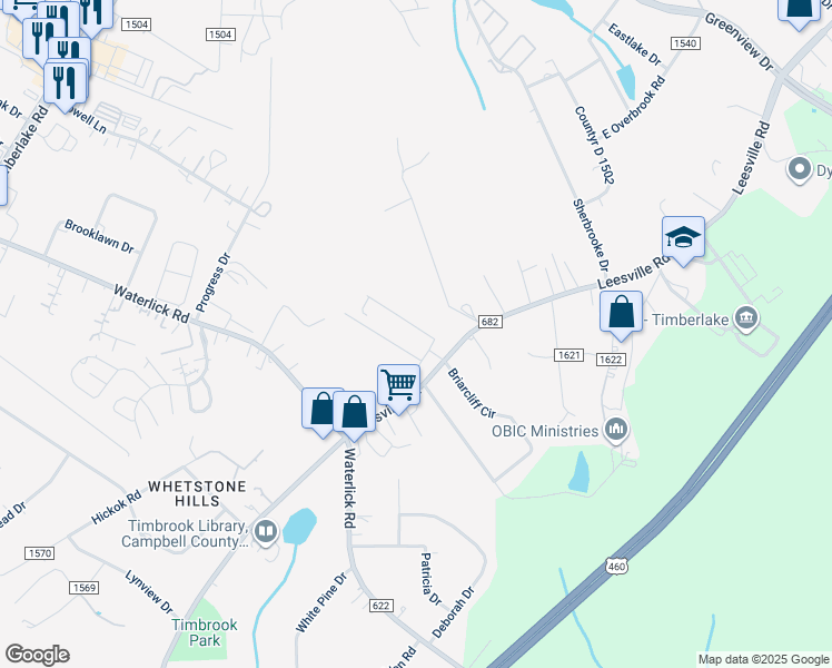 map of restaurants, bars, coffee shops, grocery stores, and more near 44 Emanuel Court in Lynchburg
