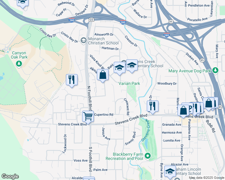 map of restaurants, bars, coffee shops, grocery stores, and more near 10201 Hillcrest Road in Cupertino