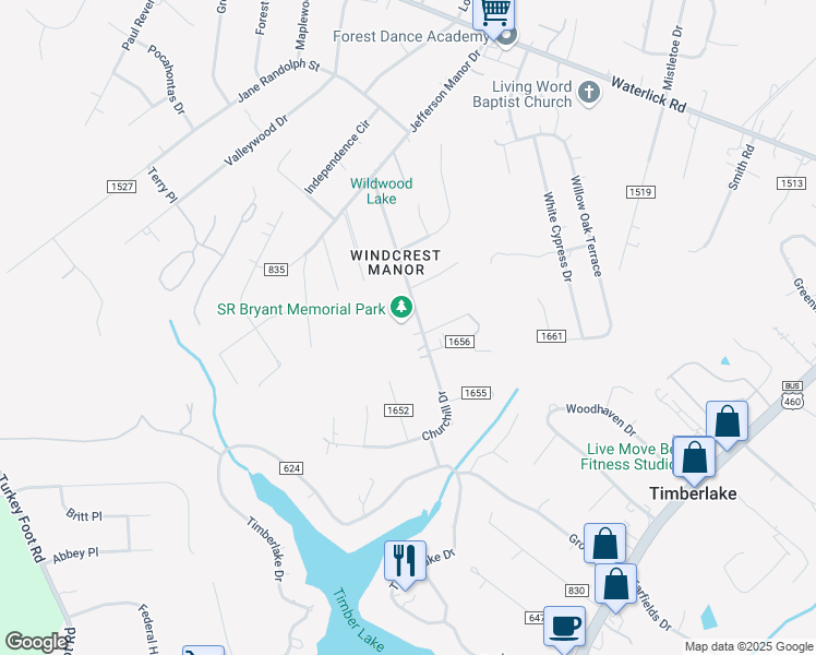 map of restaurants, bars, coffee shops, grocery stores, and more near 22 Churchill Drive in Lynchburg
