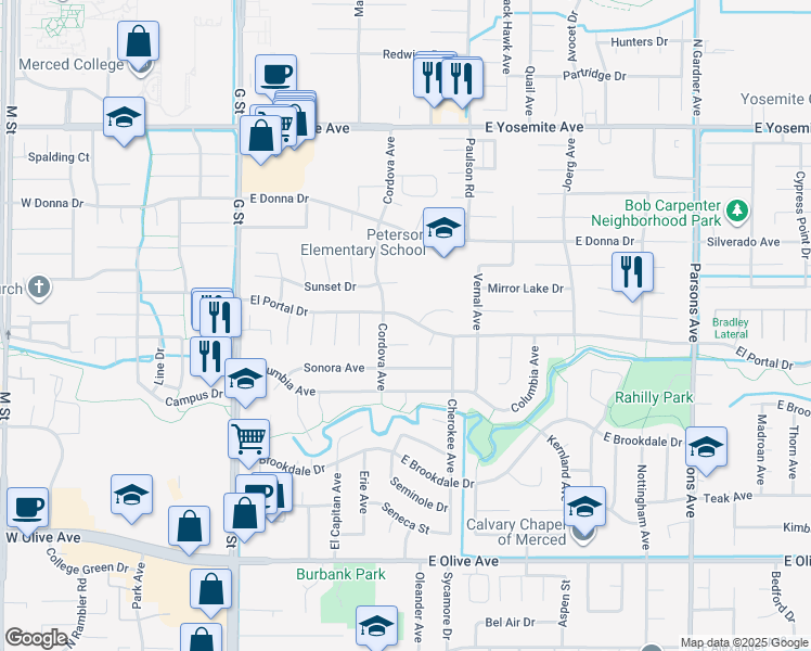 map of restaurants, bars, coffee shops, grocery stores, and more near 689 El Portal Drive in Merced