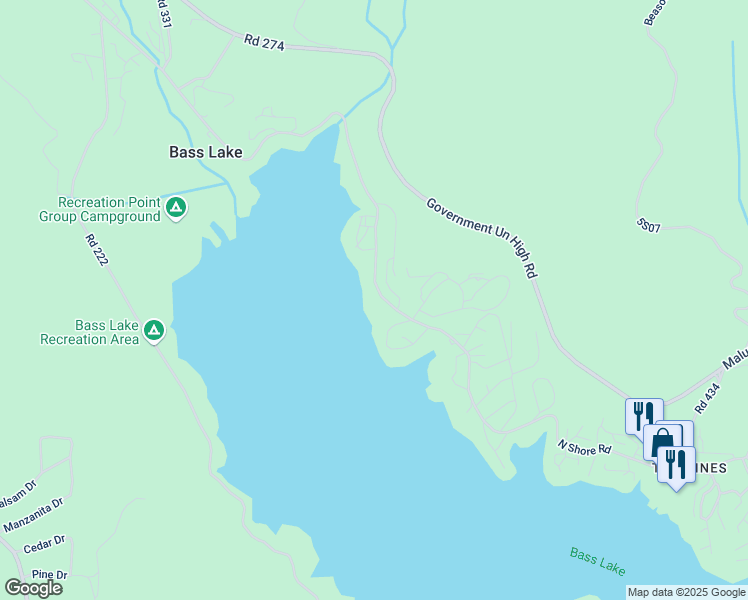 map of restaurants, bars, coffee shops, grocery stores, and more near 53743 Road 432 in Bass Lake