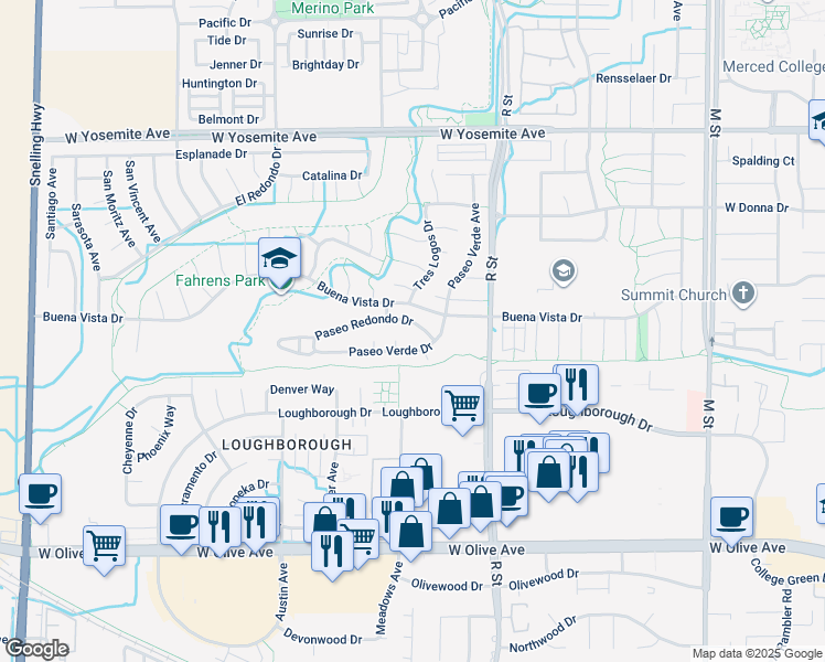 map of restaurants, bars, coffee shops, grocery stores, and more near 1166 Paseo Redondo Drive in Merced