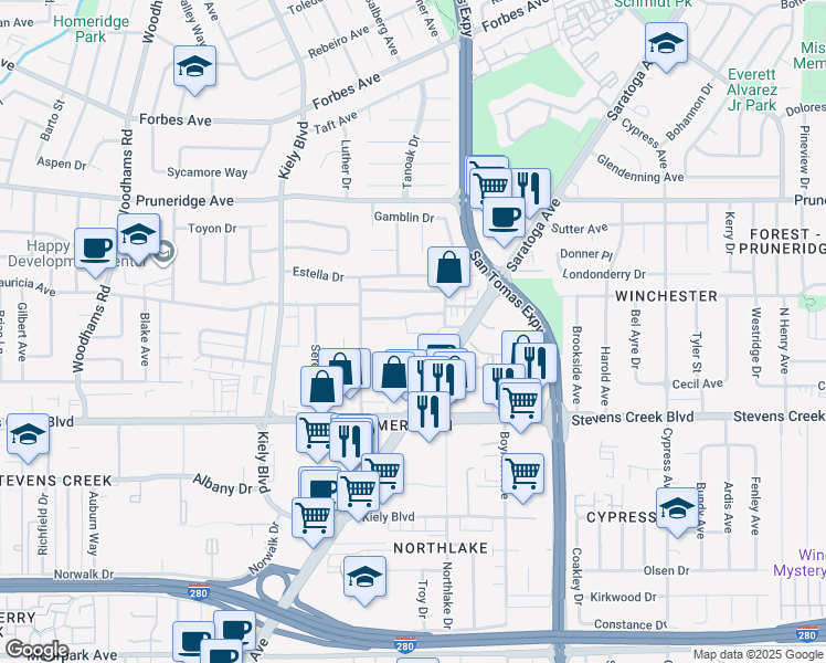 map of restaurants, bars, coffee shops, grocery stores, and more near 120 Saratoga Avenue in Santa Clara