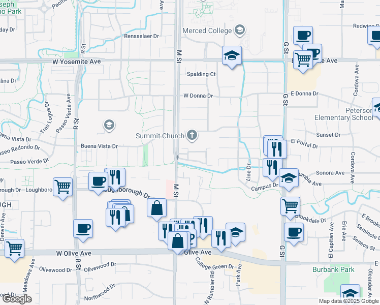 map of restaurants, bars, coffee shops, grocery stores, and more near 500 Buena Vista Drive in Merced