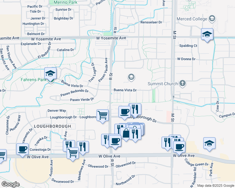 map of restaurants, bars, coffee shops, grocery stores, and more near 3375 San Mateo Court in Merced