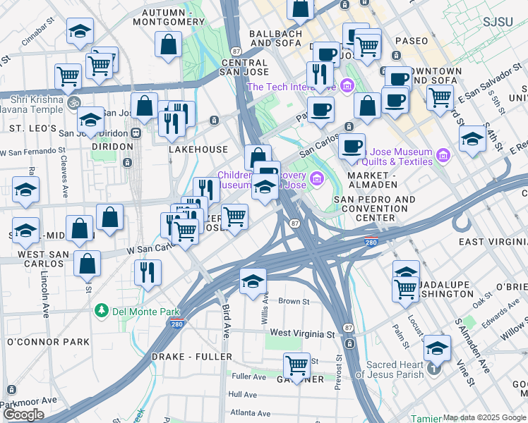 map of restaurants, bars, coffee shops, grocery stores, and more near 378 Gifford Avenue in San Jose