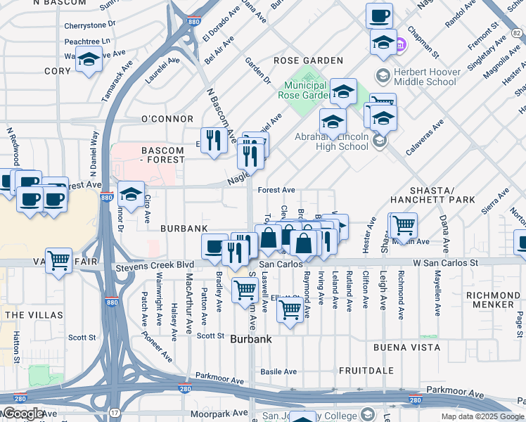 map of restaurants, bars, coffee shops, grocery stores, and more near 148 Topeka Avenue in San Jose