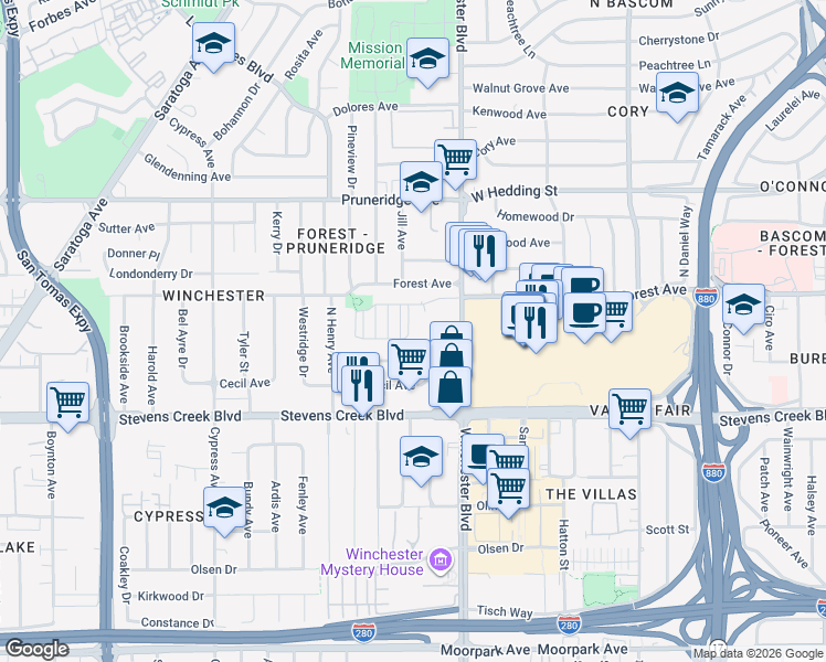 map of restaurants, bars, coffee shops, grocery stores, and more near in Santa Clara County