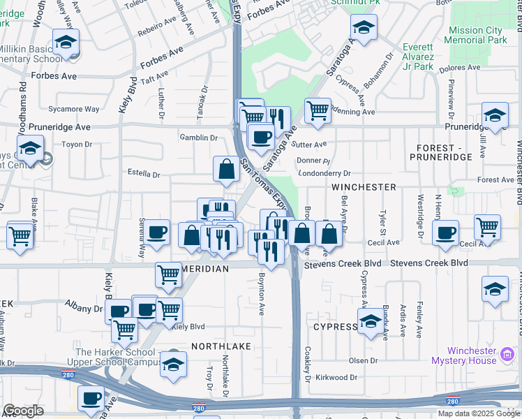 map of restaurants, bars, coffee shops, grocery stores, and more near 111 Saratoga Avenue in Santa Clara