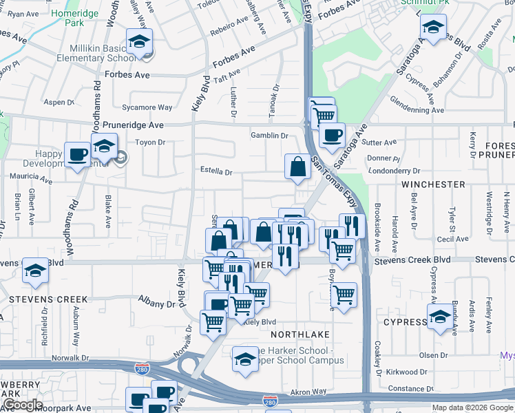map of restaurants, bars, coffee shops, grocery stores, and more near 18 Buckingham Drive in Santa Clara