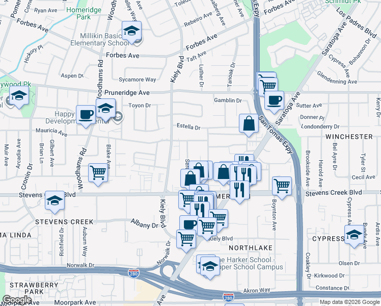 map of restaurants, bars, coffee shops, grocery stores, and more near 22 Buckingham Drive in Santa Clara