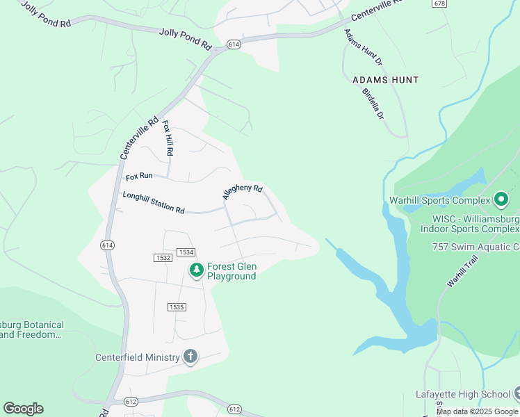 map of restaurants, bars, coffee shops, grocery stores, and more near 5904 Meriwether Court in Williamsburg