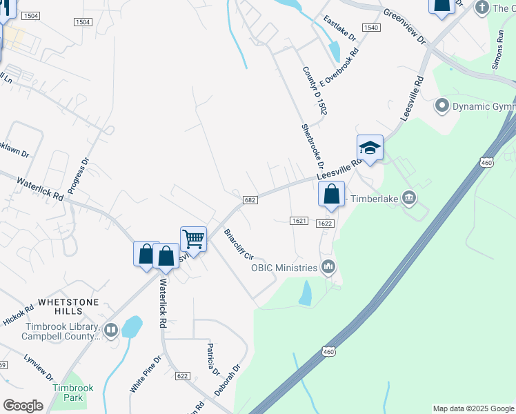 map of restaurants, bars, coffee shops, grocery stores, and more near 19587 Leesville Road in Lynchburg