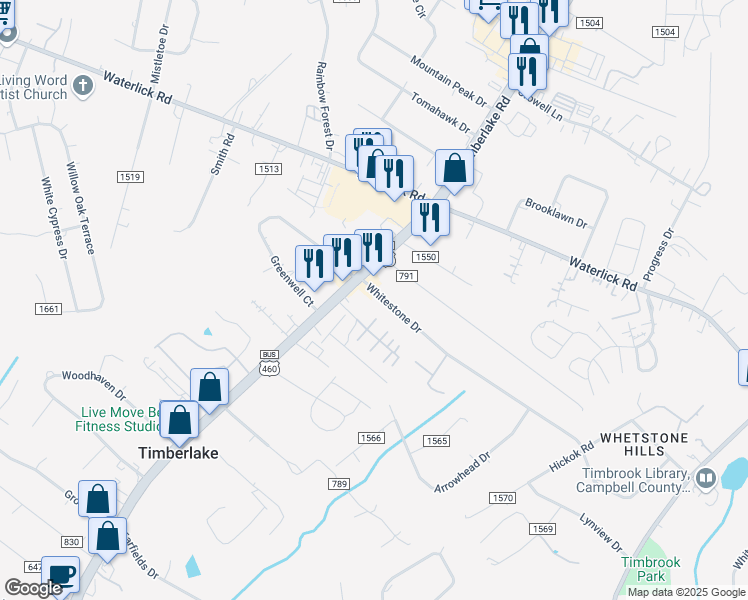 map of restaurants, bars, coffee shops, grocery stores, and more near 928 Whitestone Drive in Lynchburg