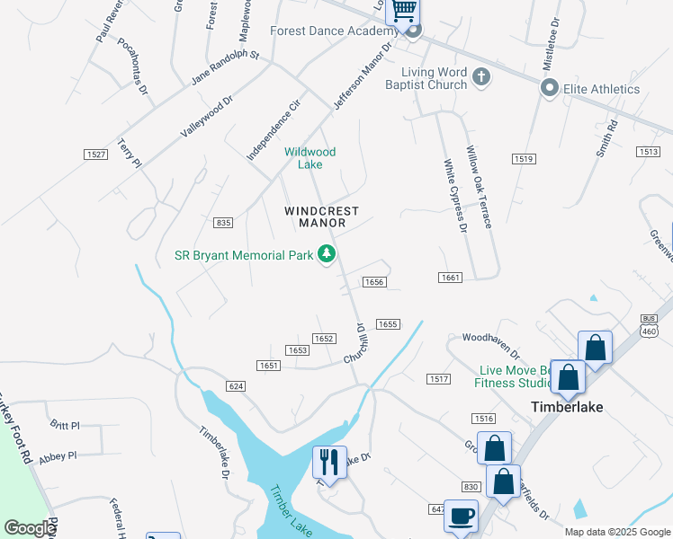map of restaurants, bars, coffee shops, grocery stores, and more near 22 Churchill Drive in Lynchburg
