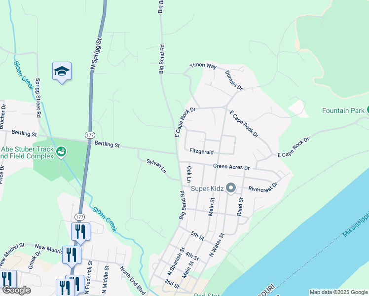 map of restaurants, bars, coffee shops, grocery stores, and more near 1932 Cape Meadows Circle in Cape Girardeau