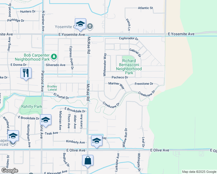 map of restaurants, bars, coffee shops, grocery stores, and more near 3547 Windsong Court in Merced