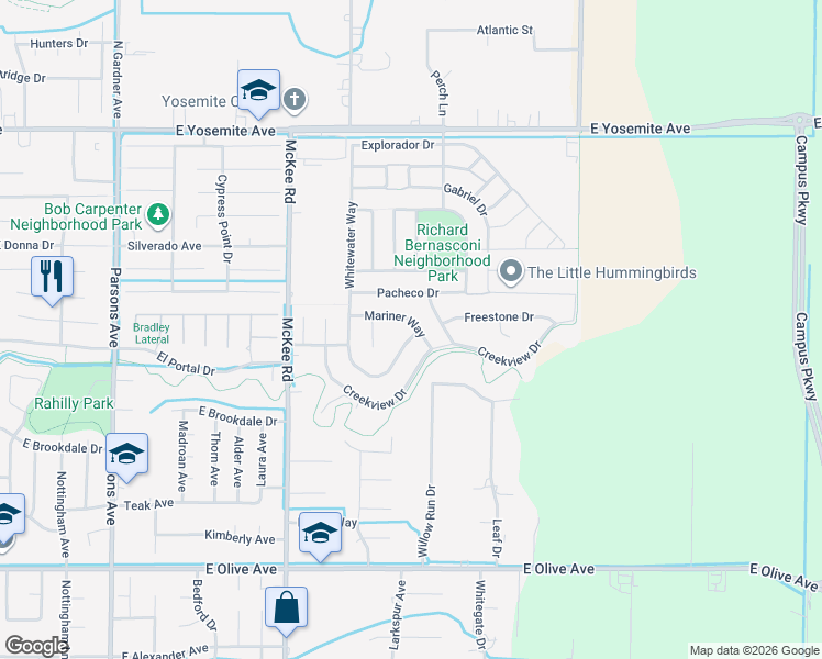 map of restaurants, bars, coffee shops, grocery stores, and more near 2370 Mariner Way in Merced