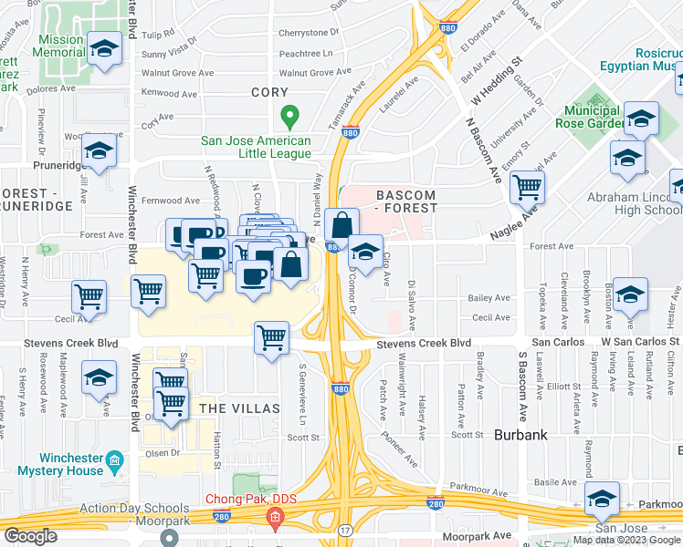 map of restaurants, bars, coffee shops, grocery stores, and more near 333 Oconnor Drive in San Jose