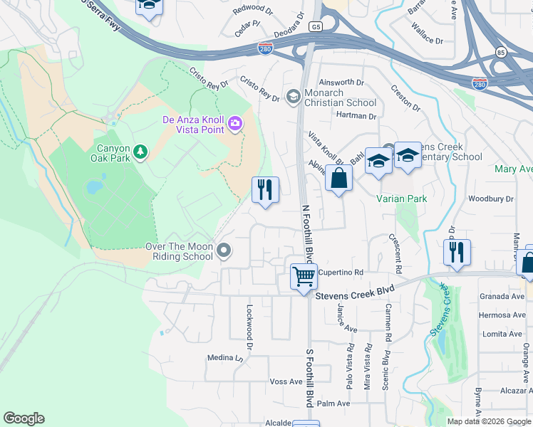 map of restaurants, bars, coffee shops, grocery stores, and more near 22625 Salem Avenue in Cupertino