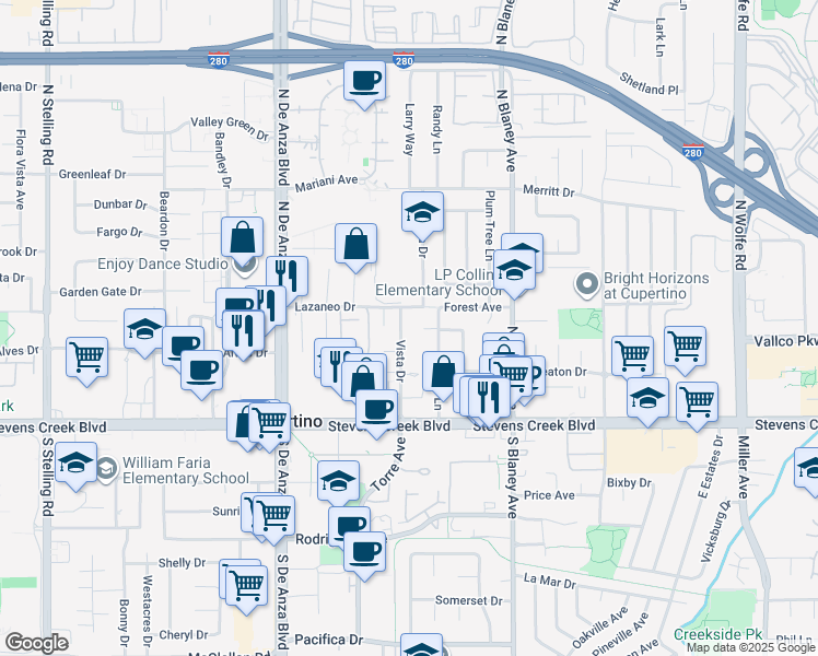 map of restaurants, bars, coffee shops, grocery stores, and more near 10228 Will Court in Cupertino