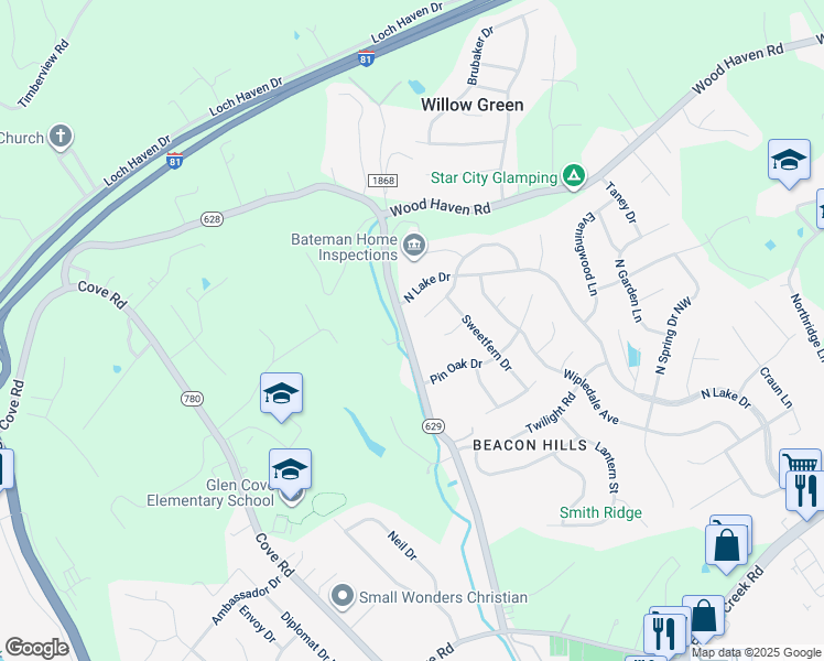 map of restaurants, bars, coffee shops, grocery stores, and more near 3155 Green Ridge Road in Roanoke