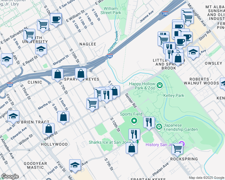 map of restaurants, bars, coffee shops, grocery stores, and more near 1045 South 12th Street in San Jose