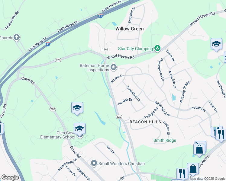map of restaurants, bars, coffee shops, grocery stores, and more near 3155 Green Ridge Road in Roanoke