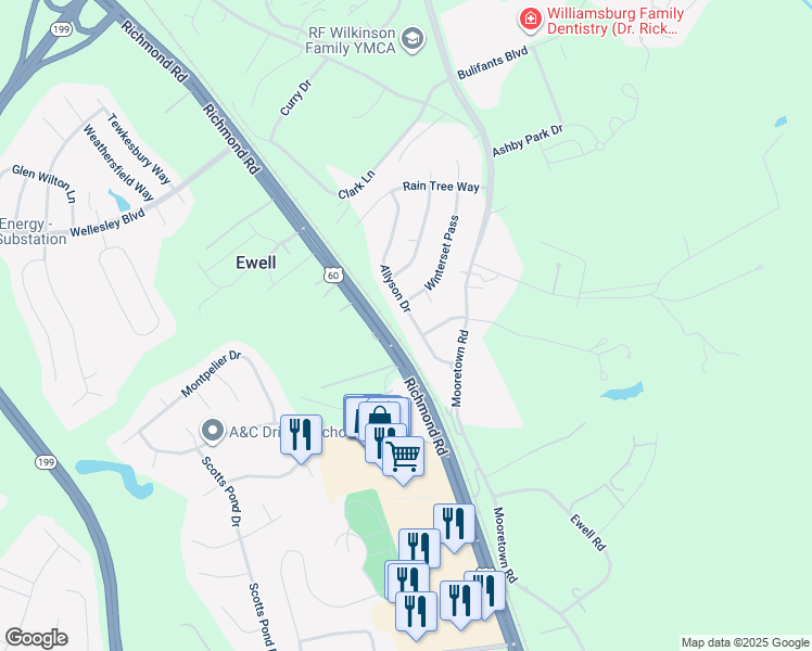 map of restaurants, bars, coffee shops, grocery stores, and more near 114 Allyson Drive in Williamsburg