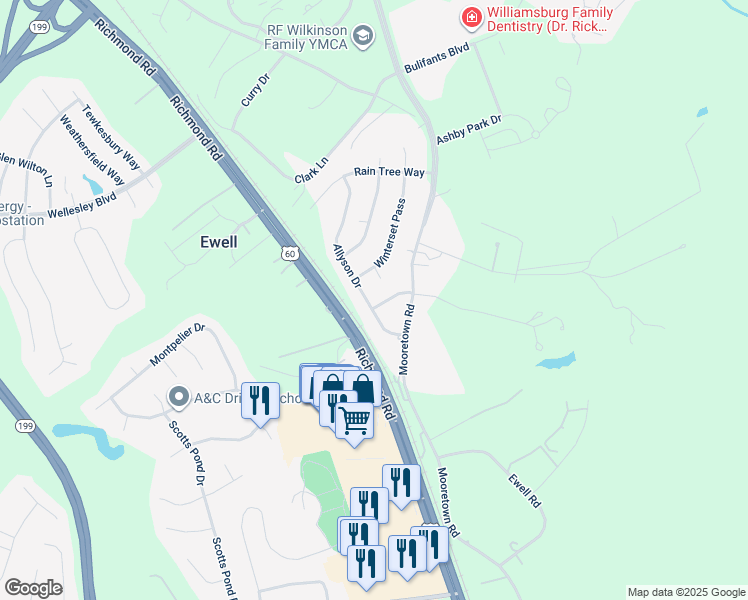 map of restaurants, bars, coffee shops, grocery stores, and more near 109 Pemberton Lane in Williamsburg