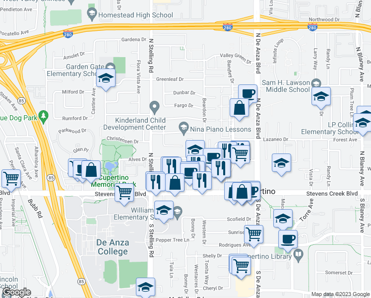 map of restaurants, bars, coffee shops, grocery stores, and more near 20812 Elenda Drive in Cupertino